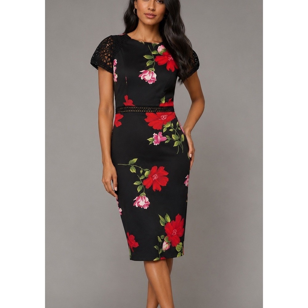 Bisou Bisou Black Floral Print Crochet Waist Detail Midi Cocktail Dress Sz 6 EUC